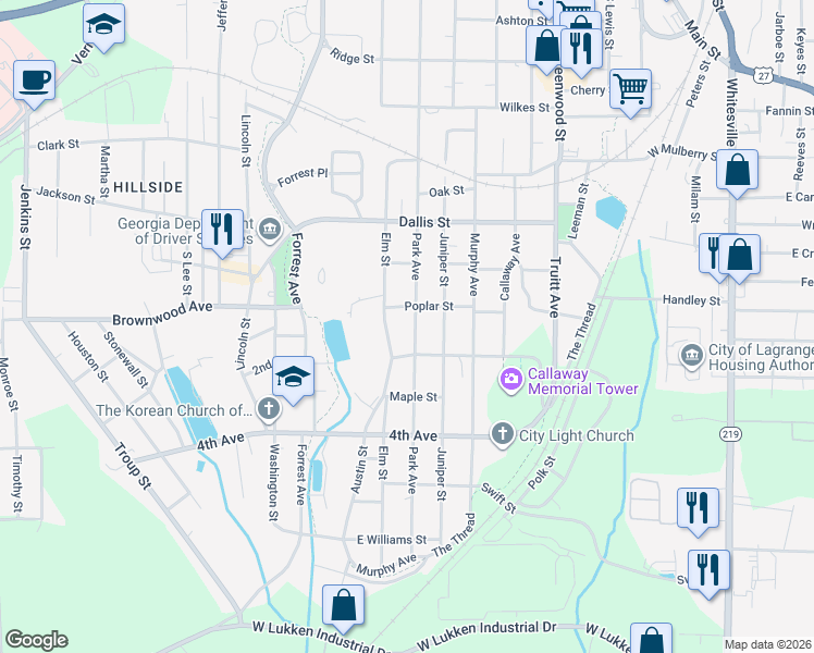 map of restaurants, bars, coffee shops, grocery stores, and more near 1004 Park Avenue in LaGrange