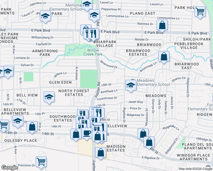 map of restaurants, bars, coffee shops, grocery stores, and more near 2204 18th Street in Plano