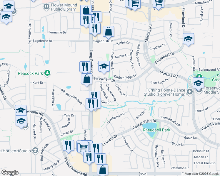 map of restaurants, bars, coffee shops, grocery stores, and more near 2736 Ridgemere Drive in Flower Mound