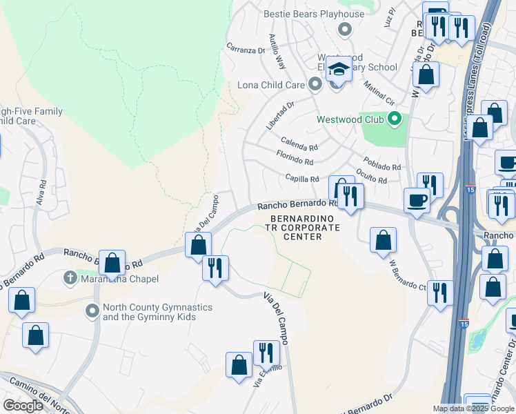 map of restaurants, bars, coffee shops, grocery stores, and more near 11111 Rancho Bernardo Road in San Diego