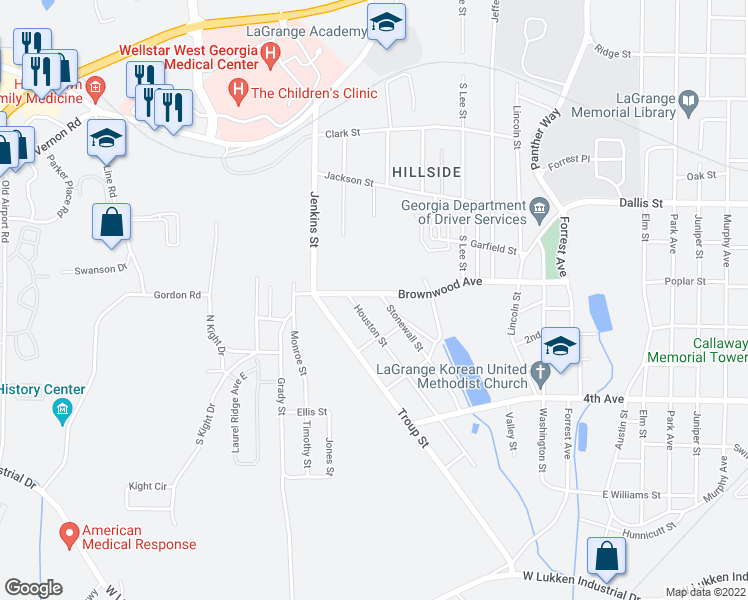 map of restaurants, bars, coffee shops, grocery stores, and more near 800 Stonewall Street in LaGrange