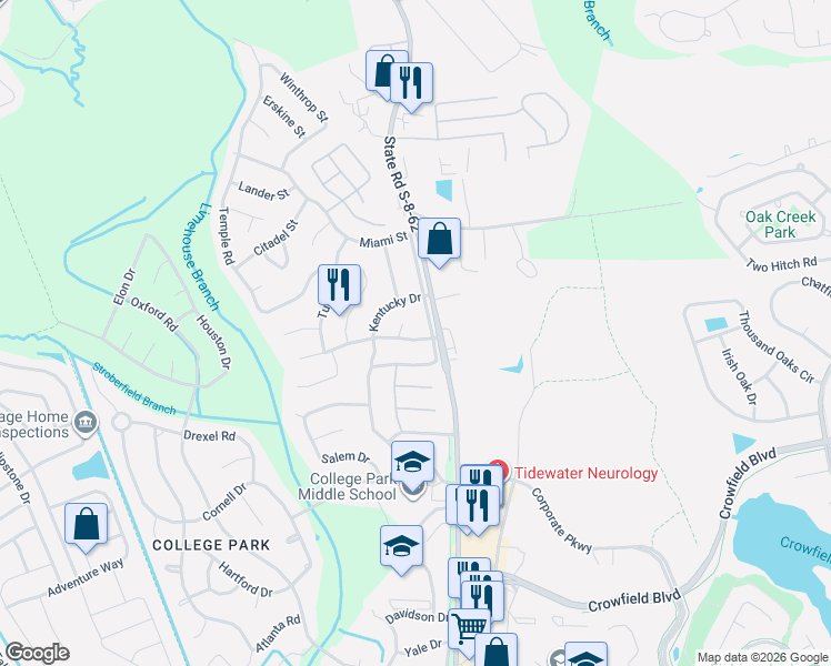 map of restaurants, bars, coffee shops, grocery stores, and more near 127 University Drive in Ladson