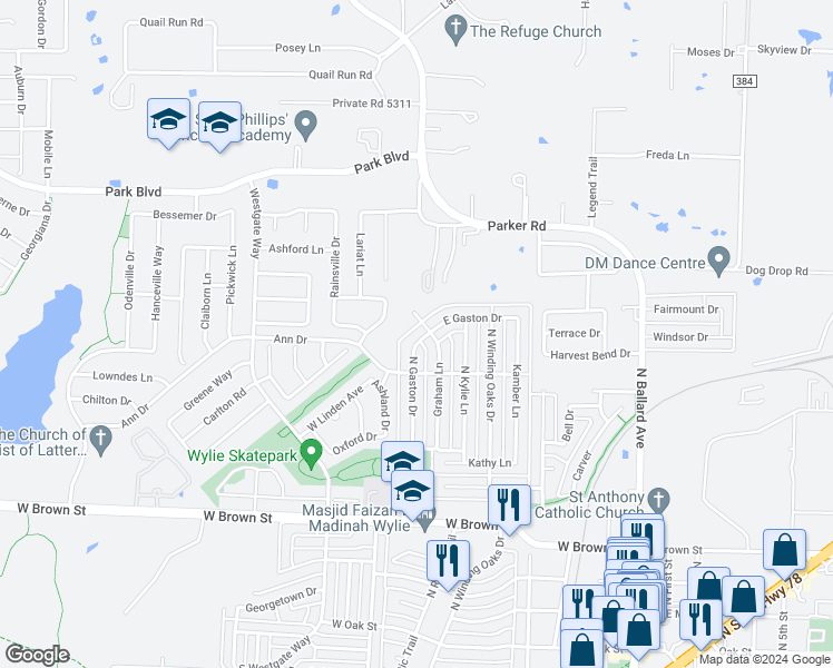 map of restaurants, bars, coffee shops, grocery stores, and more near 513 North Gaston Drive in Wylie