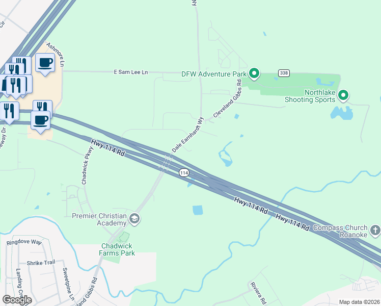 map of restaurants, bars, coffee shops, grocery stores, and more near 13567 Cleveland Gibbs Road in Northlake