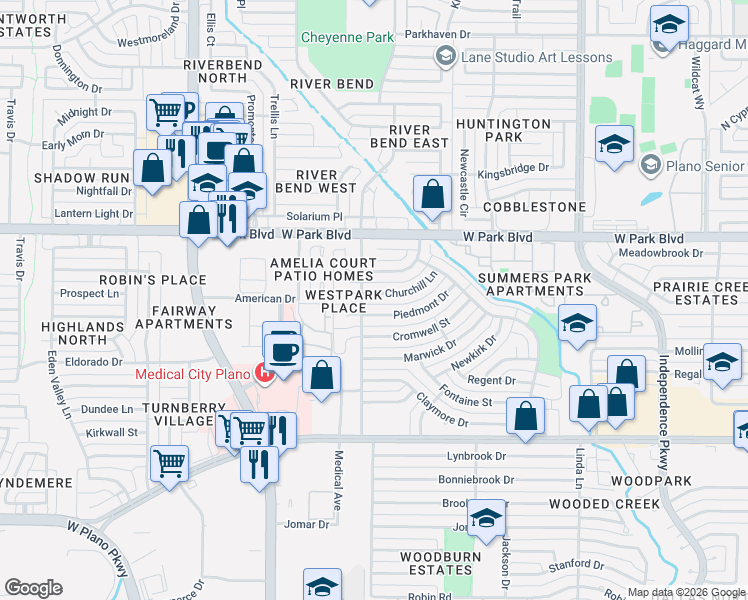 map of restaurants, bars, coffee shops, grocery stores, and more near 3617 Piedmont Drive in Plano