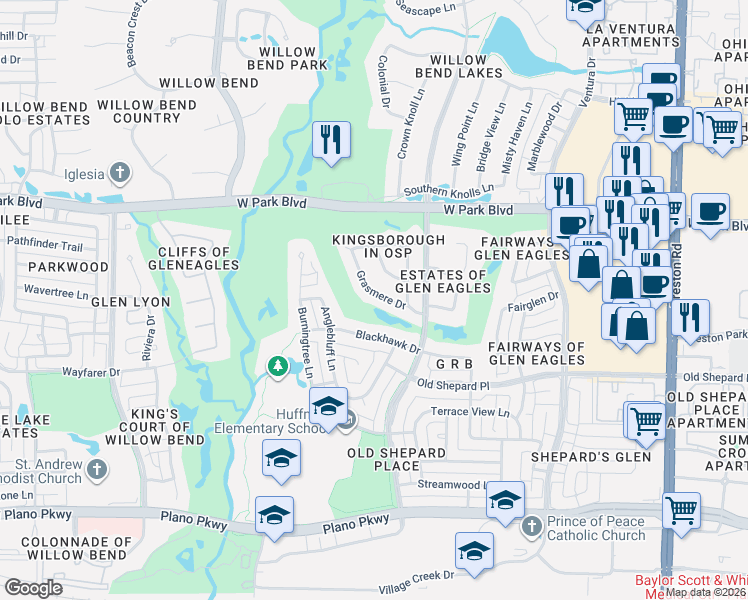 map of restaurants, bars, coffee shops, grocery stores, and more near 5420 Grasmere Drive in Plano