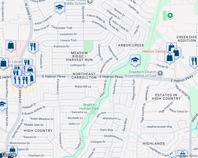 map of restaurants, bars, coffee shops, grocery stores, and more near 2022 Vista Crest Drive in Carrollton