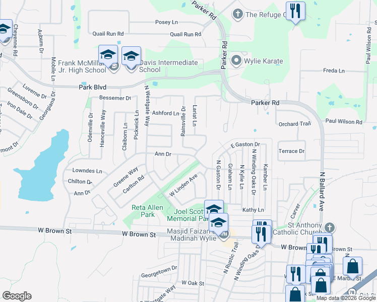 map of restaurants, bars, coffee shops, grocery stores, and more near 604 Overton Drive in Wylie
