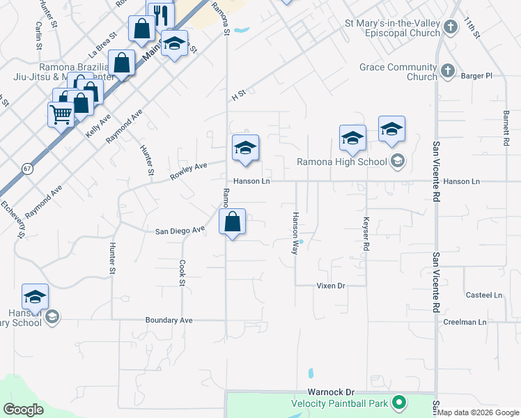 map of restaurants, bars, coffee shops, grocery stores, and more near 1804 El Cajon Lane in Ramona