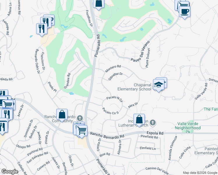 map of restaurants, bars, coffee shops, grocery stores, and more near 17283 Montero Road in San Diego