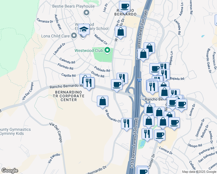 map of restaurants, bars, coffee shops, grocery stores, and more near 17020 Botero Drive in San Diego