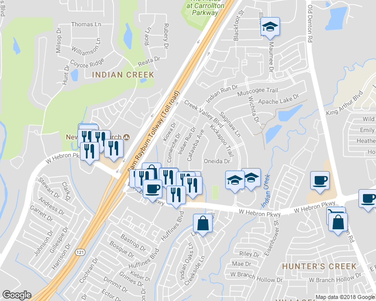 map of restaurants, bars, coffee shops, grocery stores, and more near 4125 Catawba Avenue in Carrollton