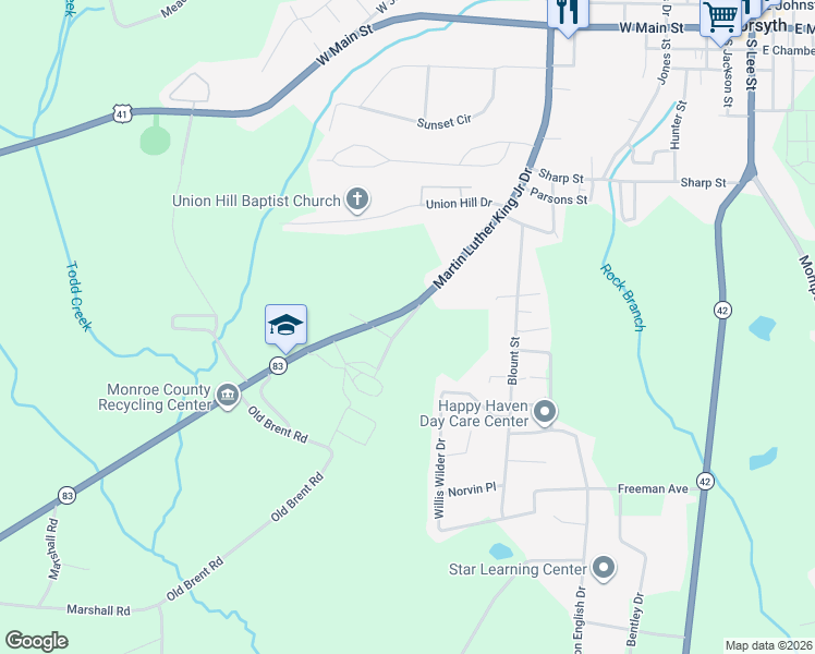 map of restaurants, bars, coffee shops, grocery stores, and more near 54 Martin Luther King Junior Drive in Forsyth