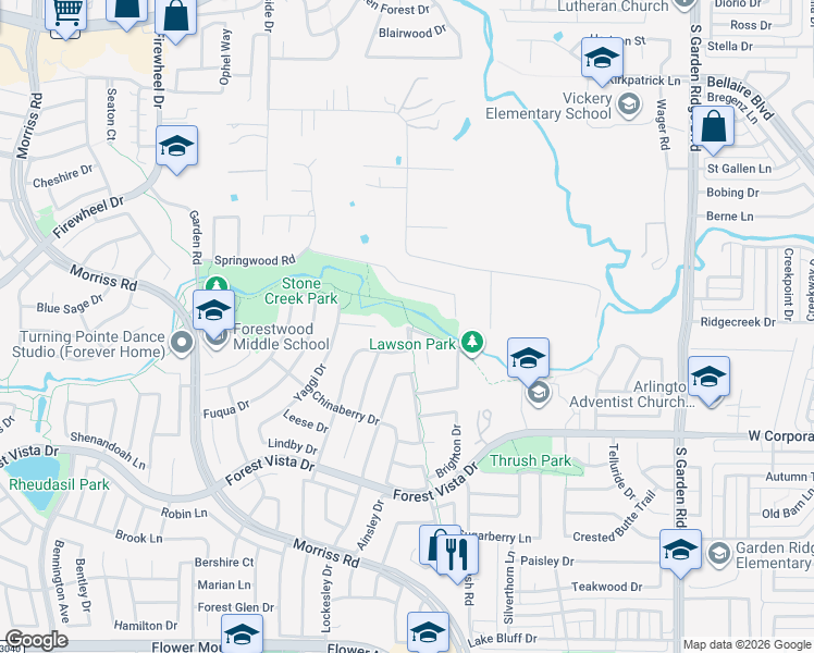 map of restaurants, bars, coffee shops, grocery stores, and more near 1013 Princewood Drive in Flower Mound