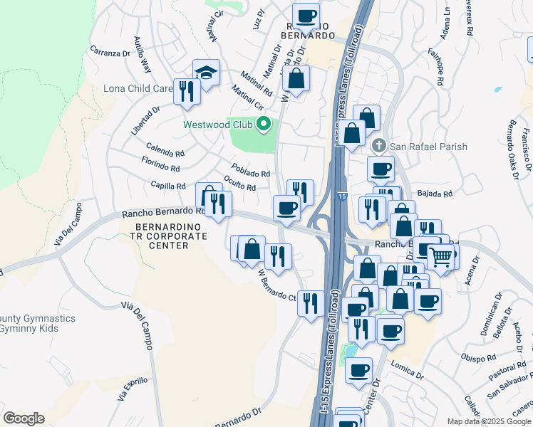 map of restaurants, bars, coffee shops, grocery stores, and more near 17020 Botero Drive in San Diego