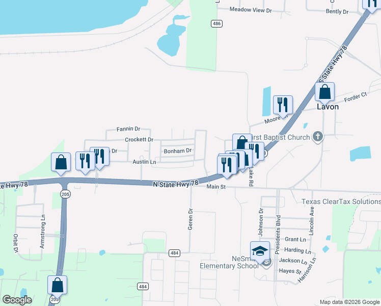 map of restaurants, bars, coffee shops, grocery stores, and more near 603 Austin Lane in Lavon