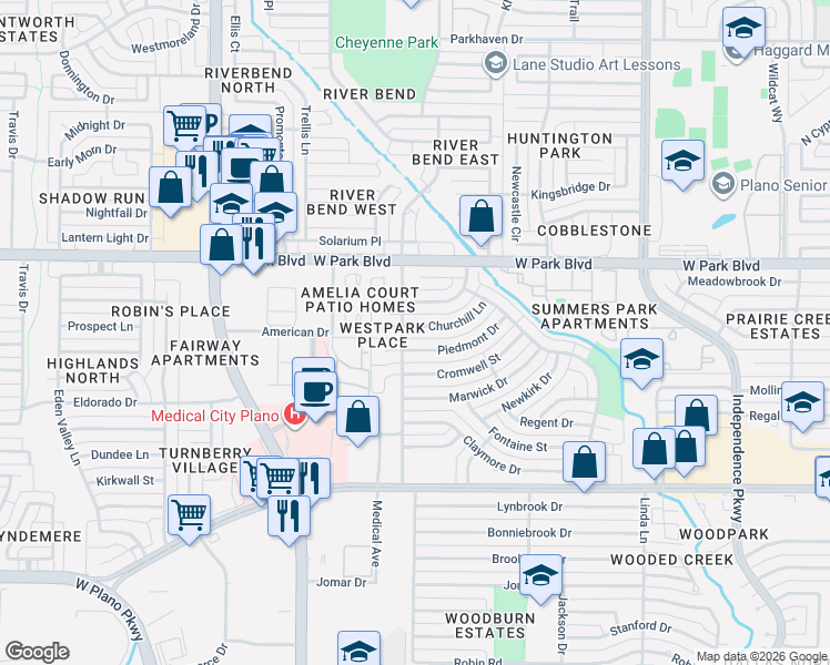 map of restaurants, bars, coffee shops, grocery stores, and more near 3617 Piedmont Drive in Plano