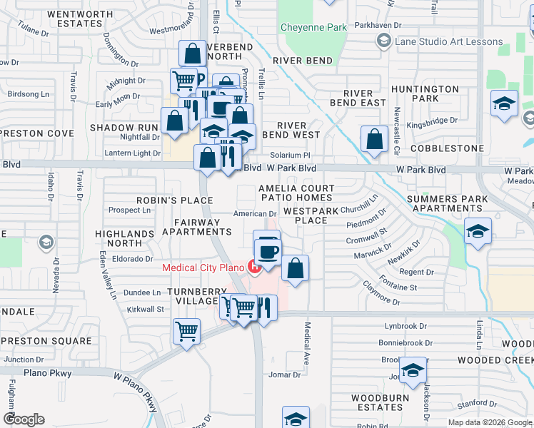 map of restaurants, bars, coffee shops, grocery stores, and more near 3854 American Drive in Plano