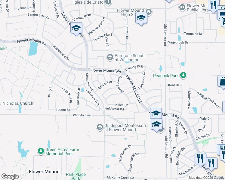 map of restaurants, bars, coffee shops, grocery stores, and more near 3700 Dresage Lane in Flower Mound