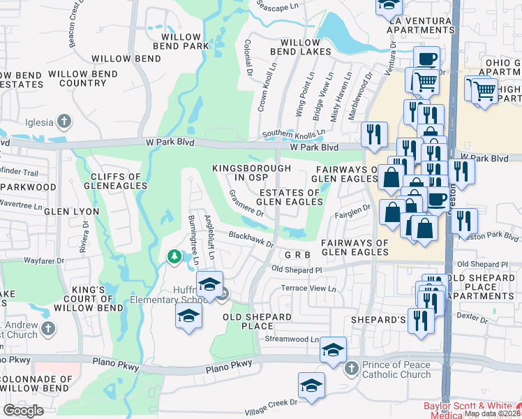 map of restaurants, bars, coffee shops, grocery stores, and more near 5401 Grasmere Drive in Plano