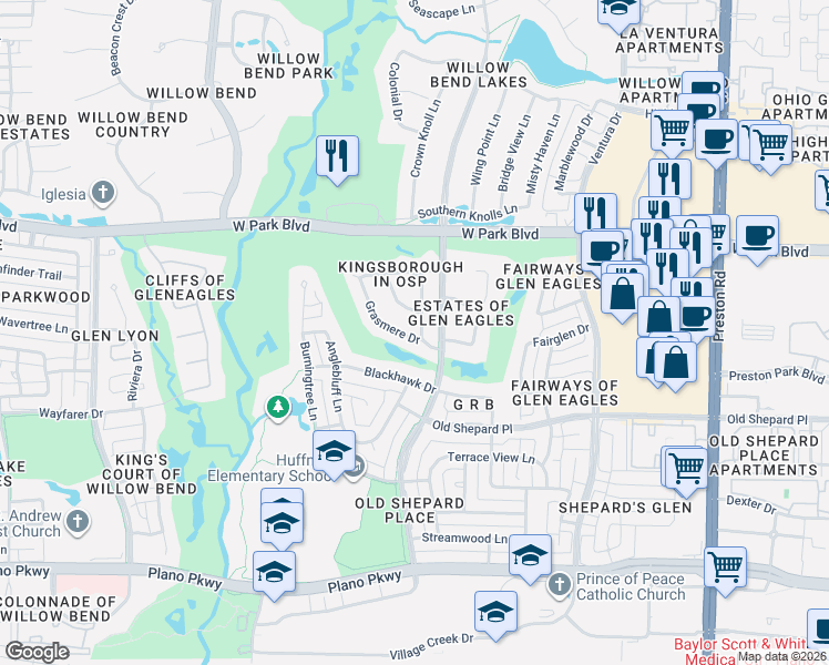 map of restaurants, bars, coffee shops, grocery stores, and more near 5401 Grasmere Drive in Plano