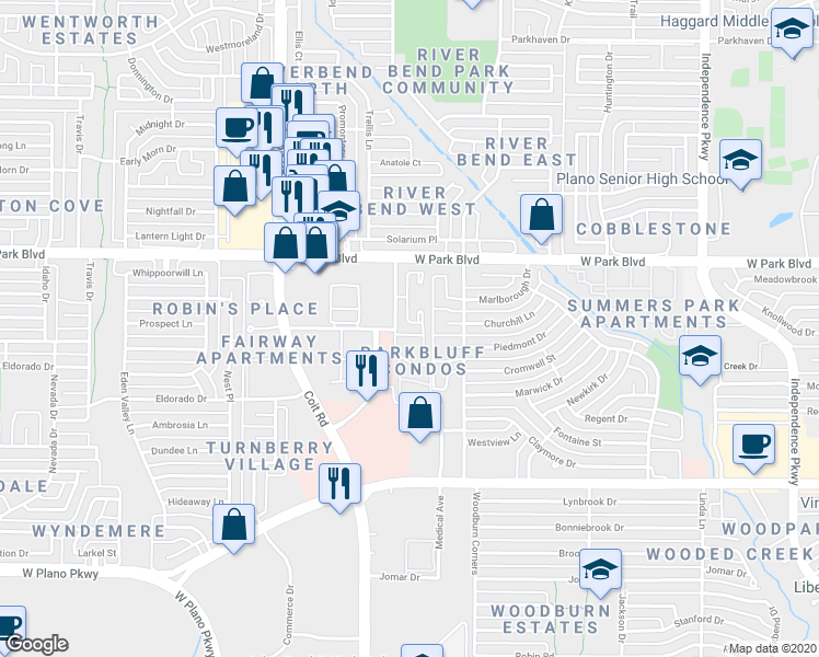 map of restaurants, bars, coffee shops, grocery stores, and more near 1809 Bachman Court in Plano