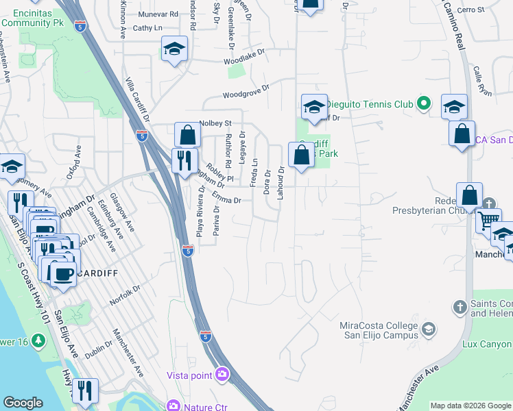map of restaurants, bars, coffee shops, grocery stores, and more near 1839 Freda Lane in Encinitas