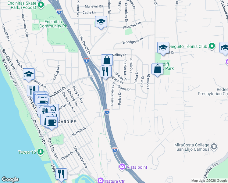 map of restaurants, bars, coffee shops, grocery stores, and more near 1849 Playa Riviera Drive in Encinitas
