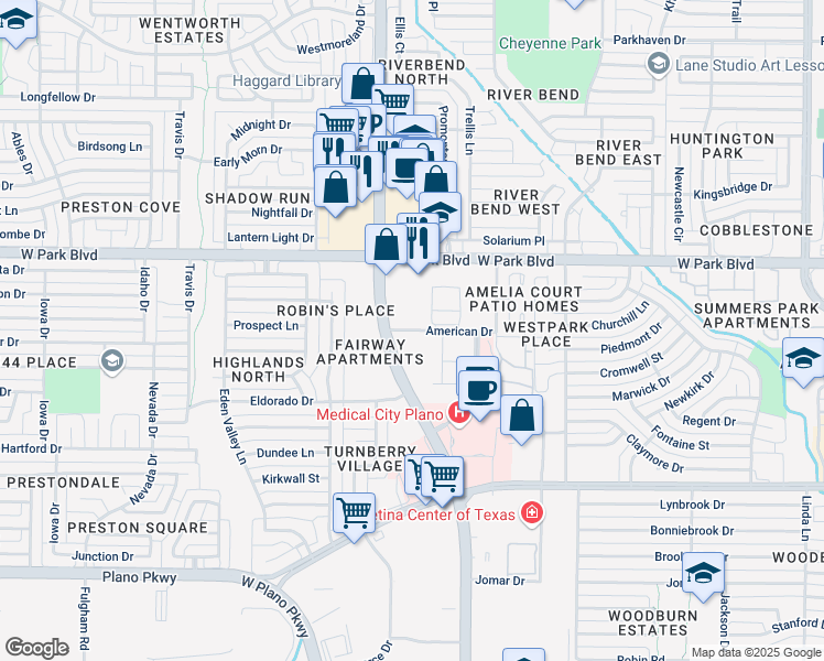 map of restaurants, bars, coffee shops, grocery stores, and more near 3925 American Drive in Plano