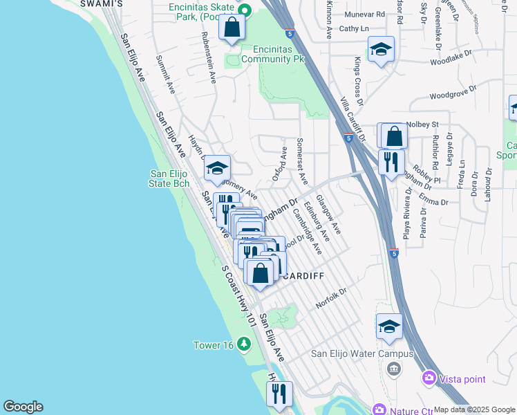 map of restaurants, bars, coffee shops, grocery stores, and more near 1940 Montgomery Avenue in Encinitas