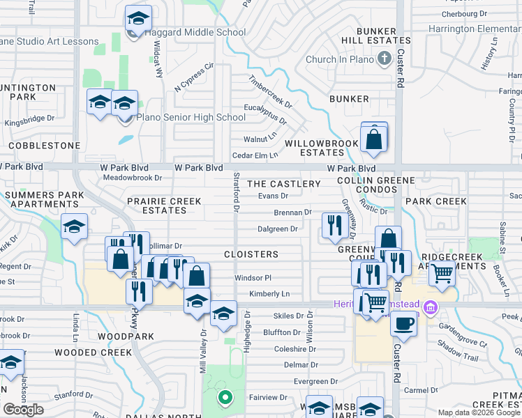 map of restaurants, bars, coffee shops, grocery stores, and more near 2520 Brennan Drive in Plano