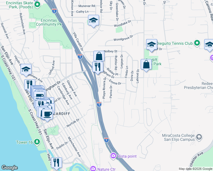 map of restaurants, bars, coffee shops, grocery stores, and more near 1849 Playa Riviera Drive in Encinitas