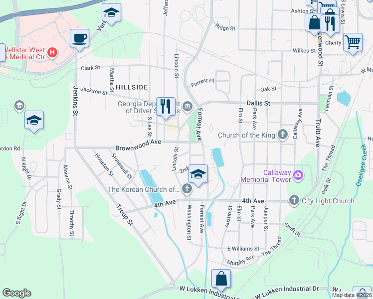 map of restaurants, bars, coffee shops, grocery stores, and more near 1201 1st Avenue in LaGrange
