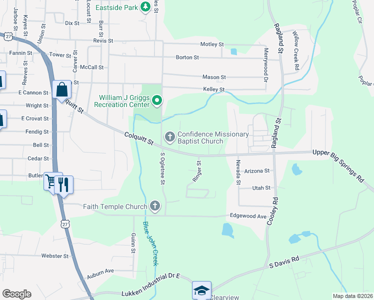 map of restaurants, bars, coffee shops, grocery stores, and more near 716 Colquitt Street in LaGrange