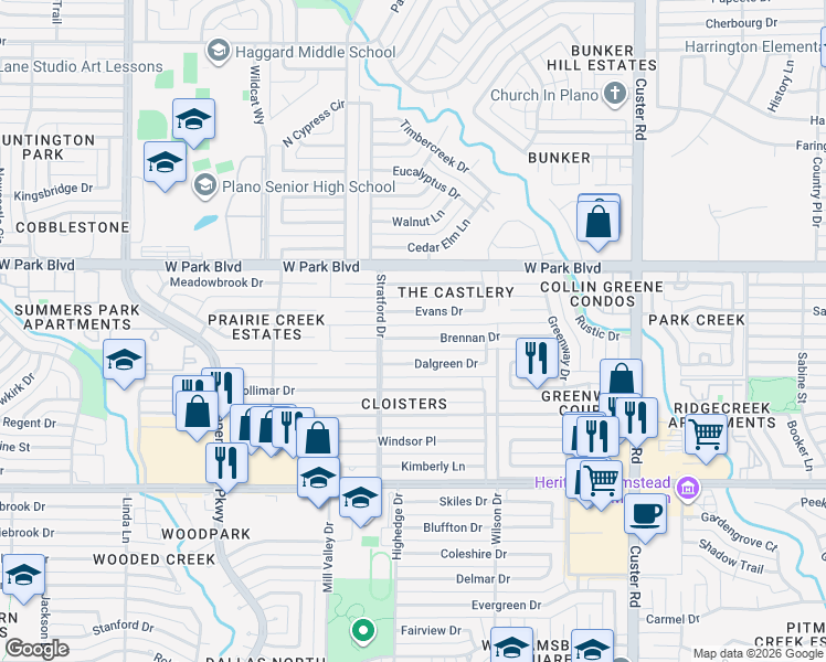 map of restaurants, bars, coffee shops, grocery stores, and more near 2517 Brennan Drive in Plano