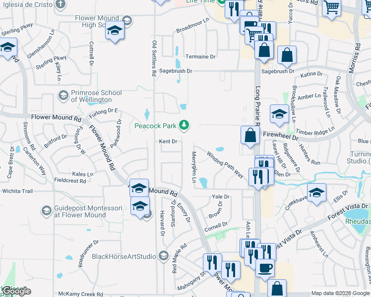 map of restaurants, bars, coffee shops, grocery stores, and more near 2820 Stanford Drive in Flower Mound