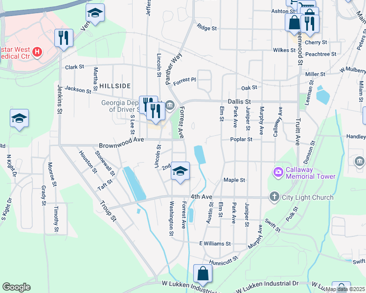 map of restaurants, bars, coffee shops, grocery stores, and more near 902 Forrest Avenue in LaGrange