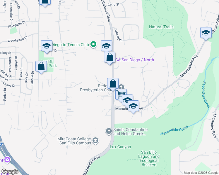 map of restaurants, bars, coffee shops, grocery stores, and more near 1910 South El Camino Real in Encinitas