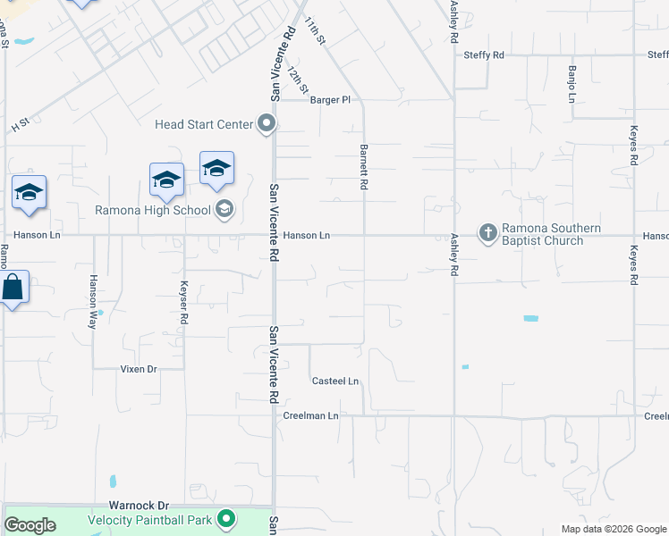 map of restaurants, bars, coffee shops, grocery stores, and more near 1465 Barnett Road in Ramona