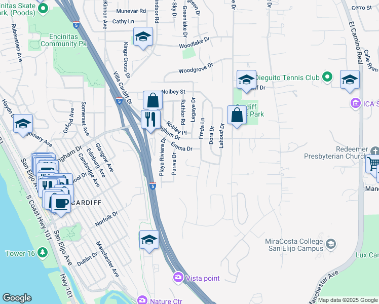 map of restaurants, bars, coffee shops, grocery stores, and more near 1019 Emma Drive in Encinitas
