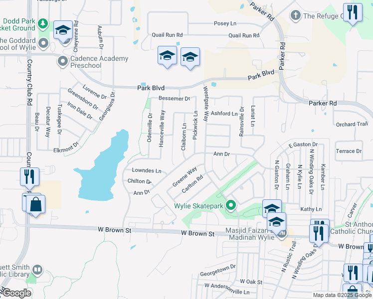 map of restaurants, bars, coffee shops, grocery stores, and more near 604 Claiborn Lane in Wylie