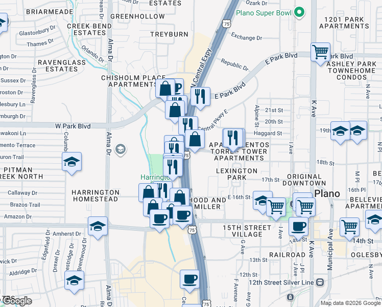 map of restaurants, bars, coffee shops, grocery stores, and more near 1708 N Central Expy in Plano
