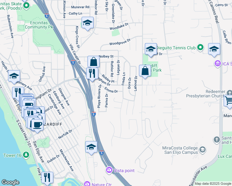 map of restaurants, bars, coffee shops, grocery stores, and more near 1019 Emma Drive in Encinitas