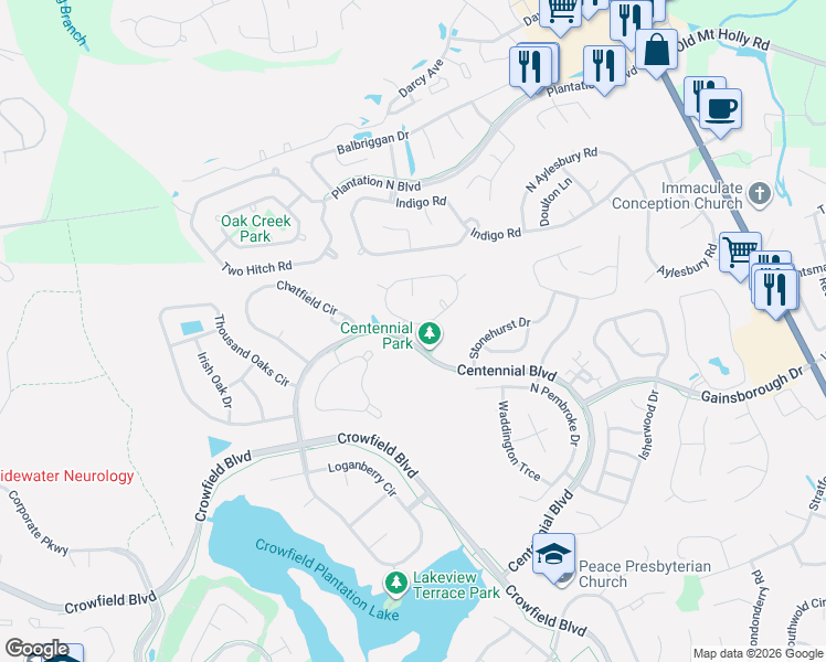 map of restaurants, bars, coffee shops, grocery stores, and more near 106 Adthan Circle in Goose Creek