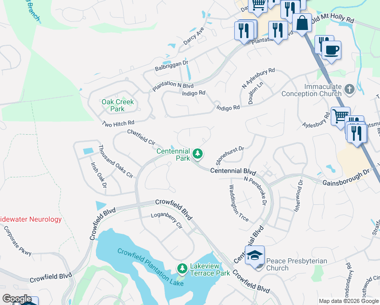 map of restaurants, bars, coffee shops, grocery stores, and more near 102 Adthan Circle in Goose Creek