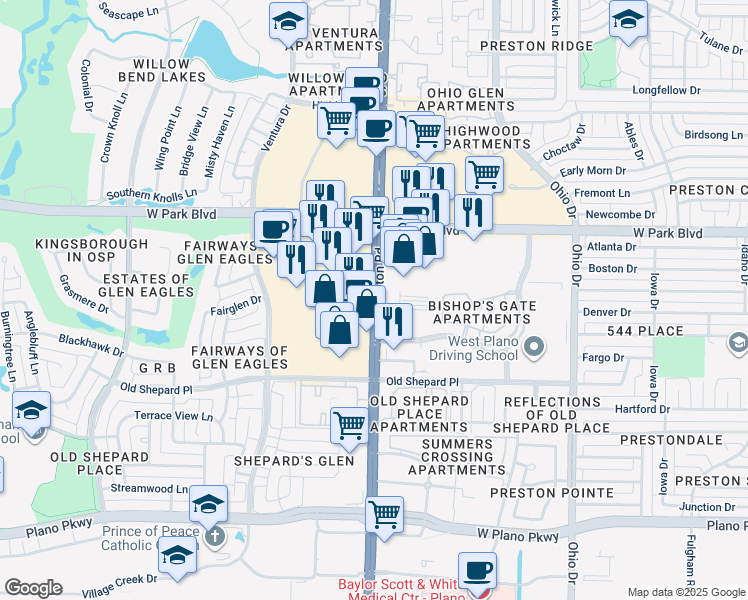 map of restaurants, bars, coffee shops, grocery stores, and more near 1805 Preston Road in Plano