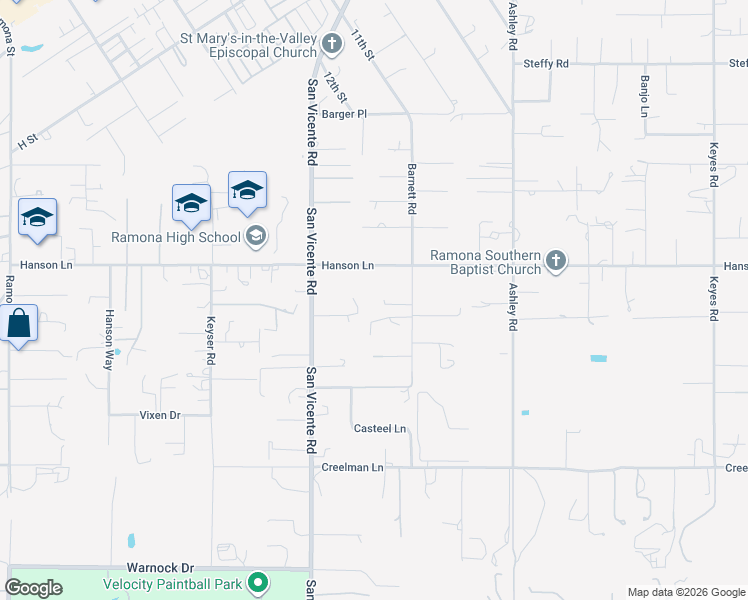 map of restaurants, bars, coffee shops, grocery stores, and more near 1465 Barnett Road in Ramona