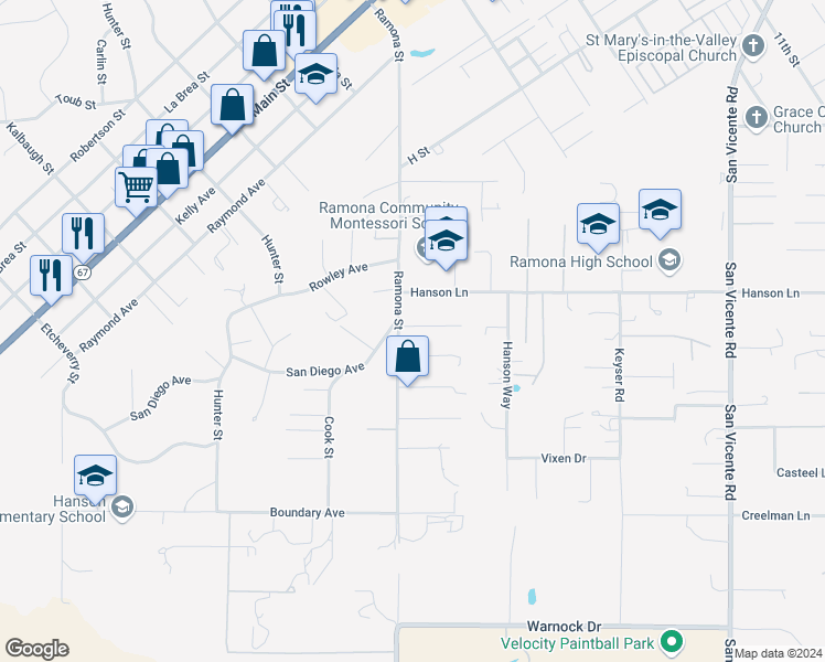 map of restaurants, bars, coffee shops, grocery stores, and more near 1844 El Cajon Lane in Ramona
