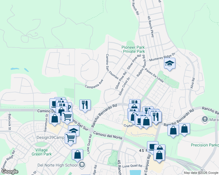 map of restaurants, bars, coffee shops, grocery stores, and more near 16924 Silver Pine Road in San Diego