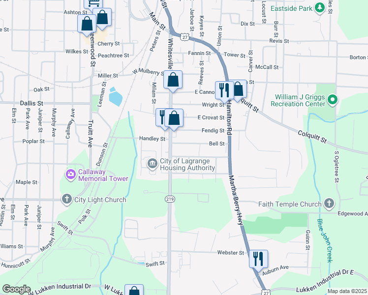 map of restaurants, bars, coffee shops, grocery stores, and more near 109 Cedar Street in LaGrange